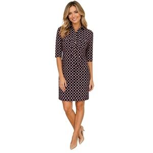 Jude Connally Sloan Shirt Dress Navy Pink Geometric Print 3/4 Sleeve Career.Sz L